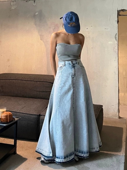 Flare denim long skirt