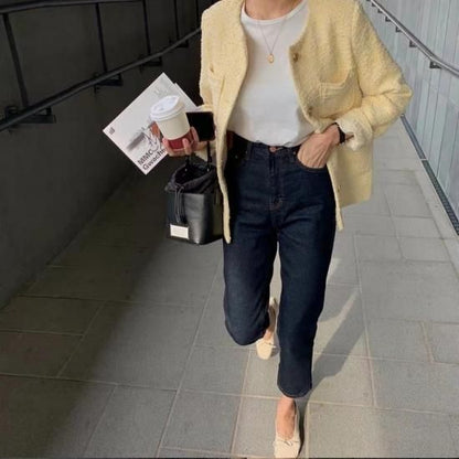 Round collar tweed jacket