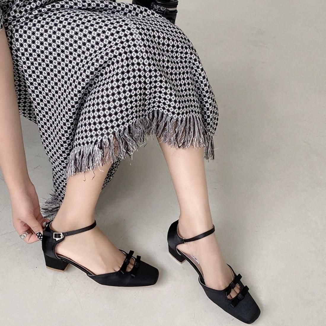 即納【40%OFF】Bow ankle strap shoes / Black 24.5cm
