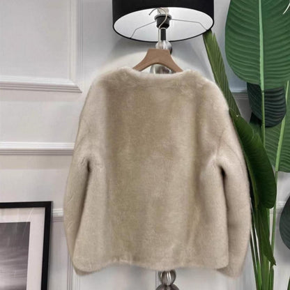 Elegant No-Collar Fur Jacket