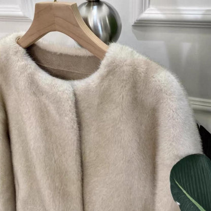 Elegant No-Collar Fur Jacket