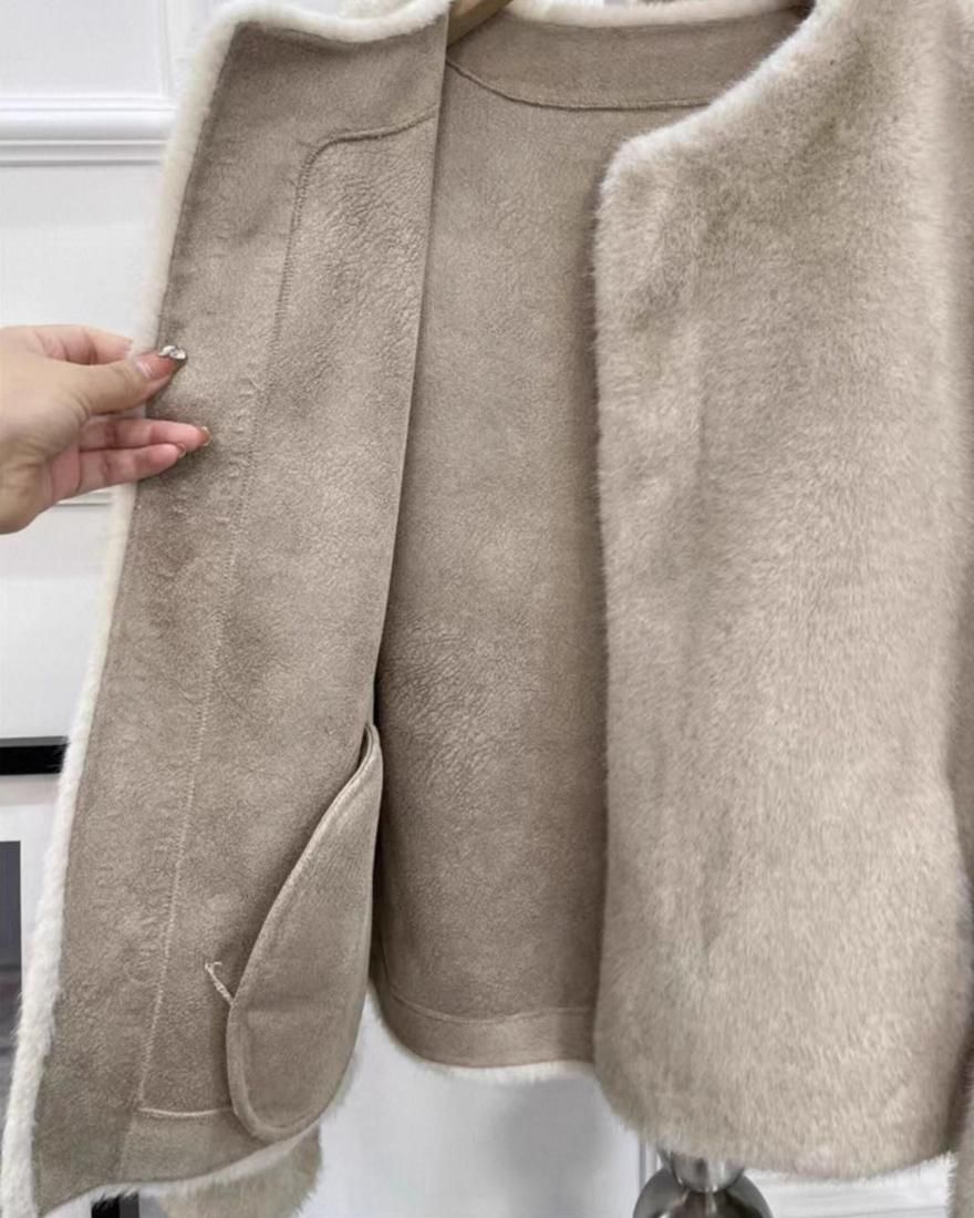 Elegant No-Collar Fur Jacket