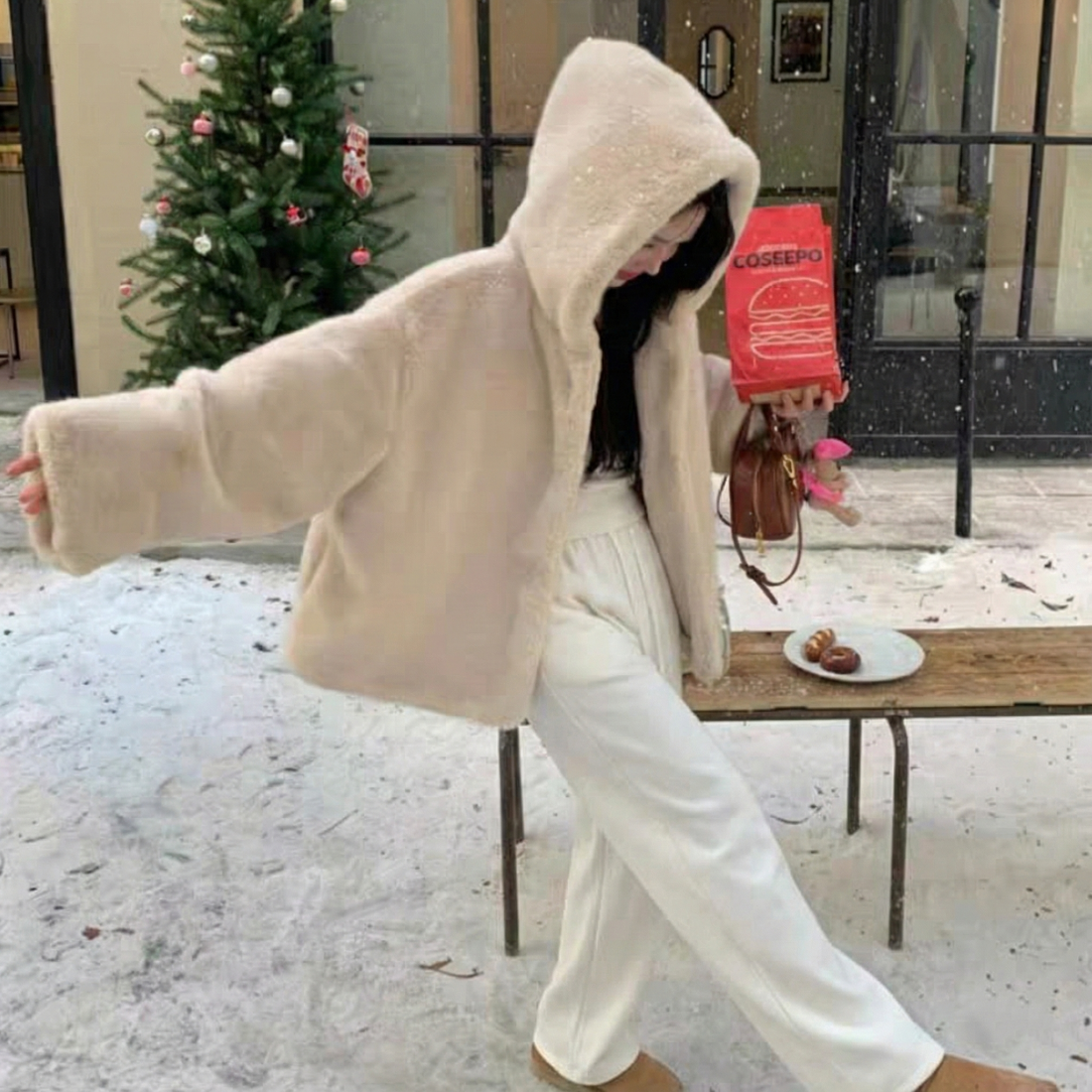 Elegant Hooded Fur Coat