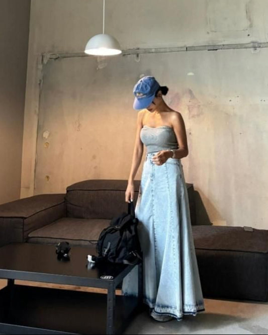 Flare denim long skirt