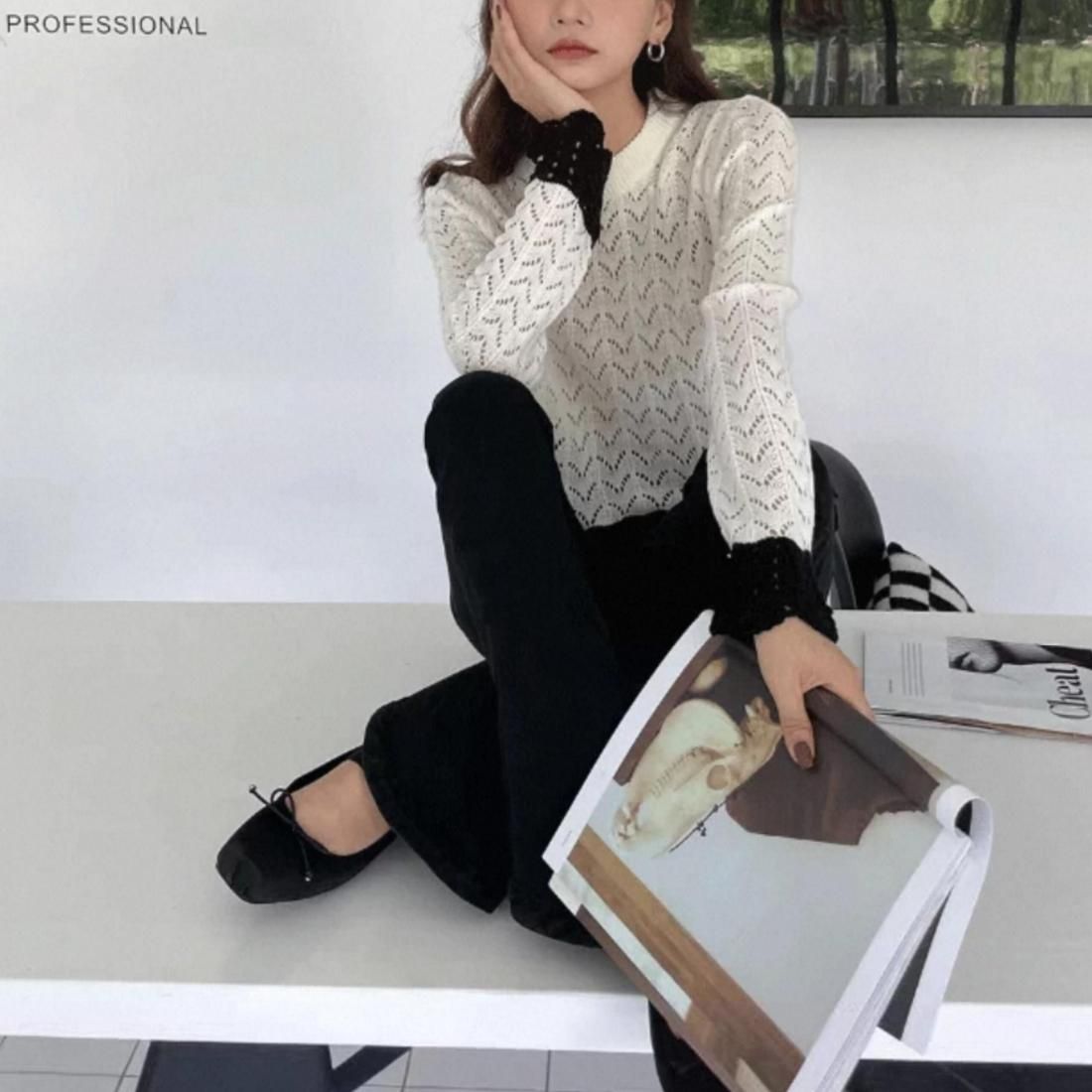 即納☆Scallop lace knit