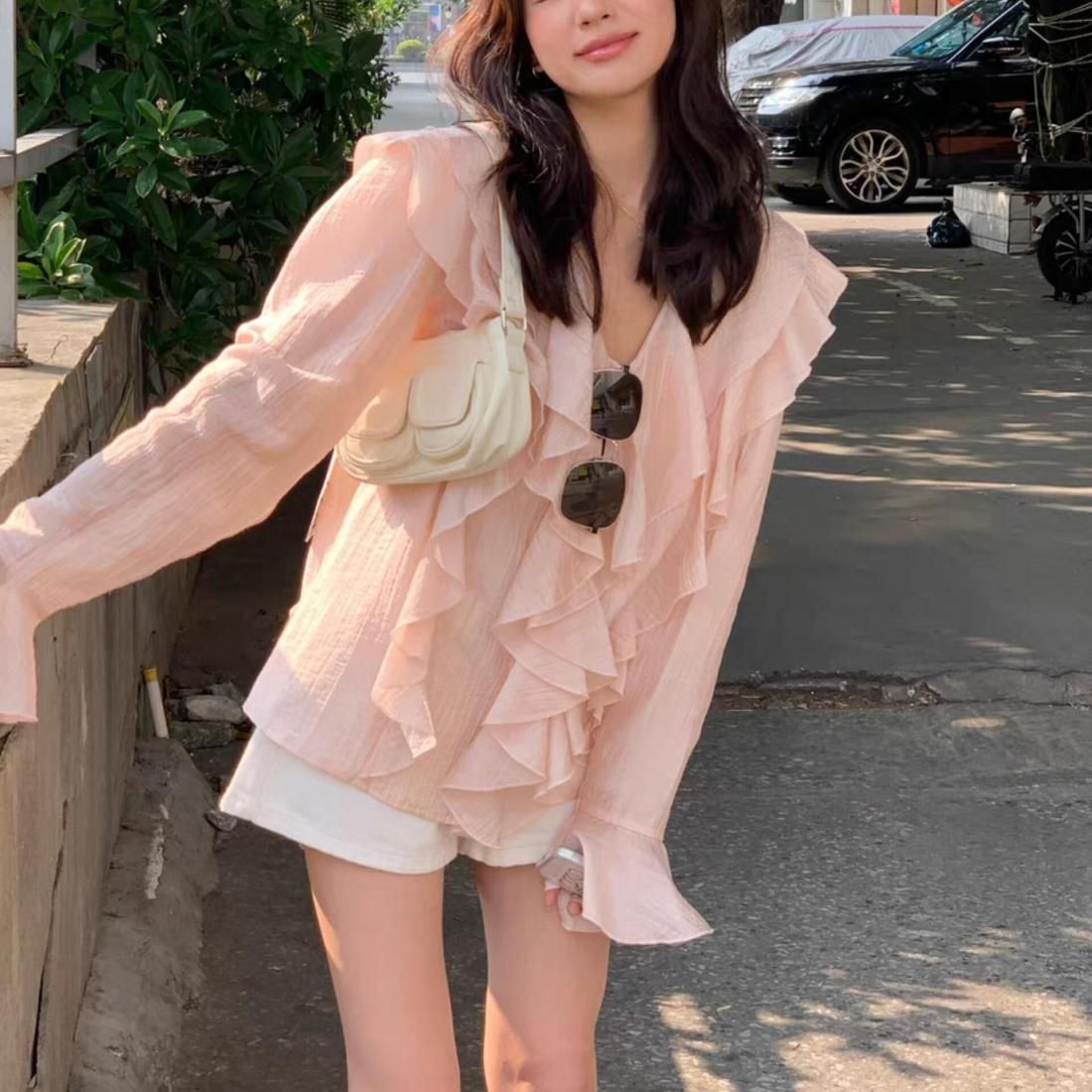 一部即納☆Airy frill chiffon blouse