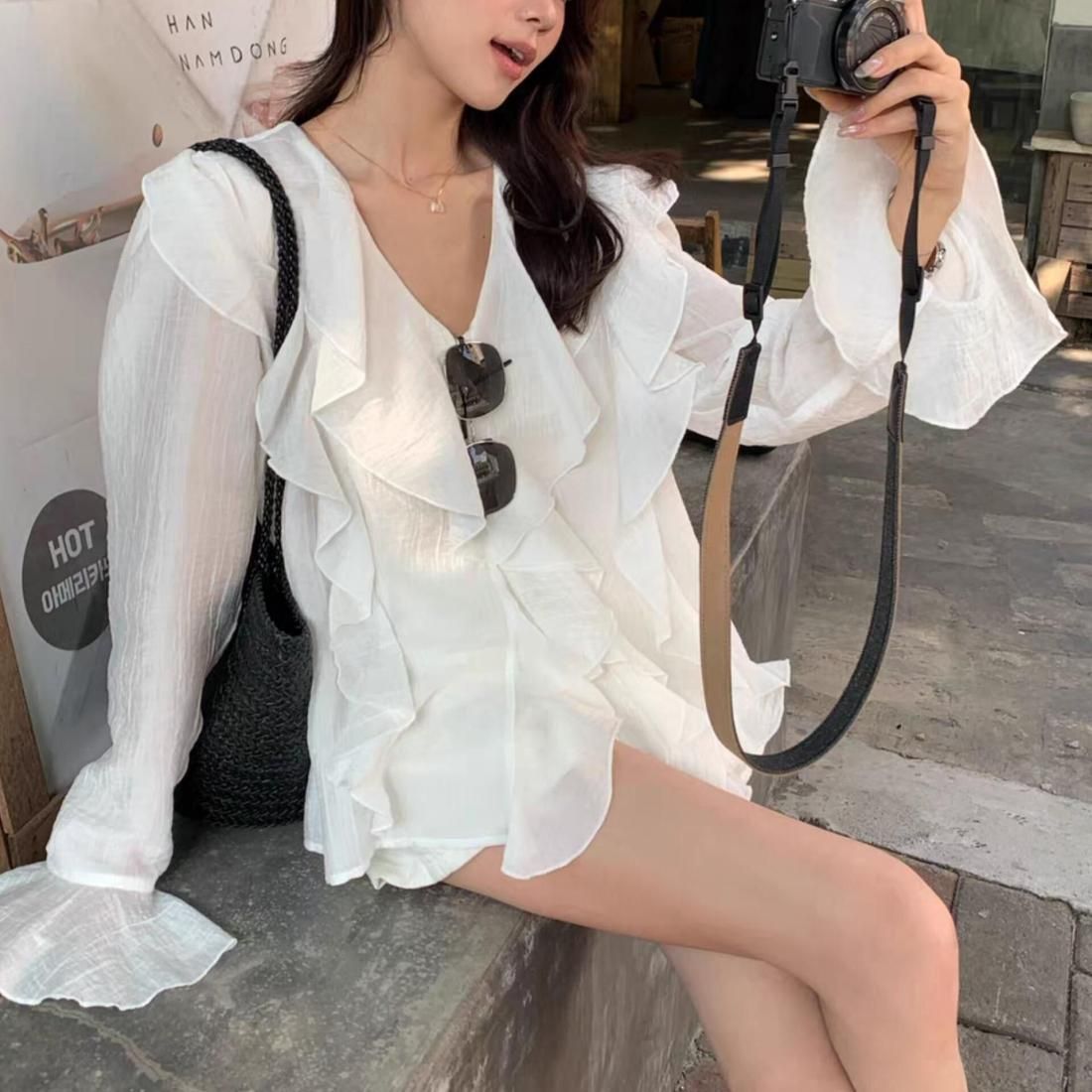 一部即納☆Airy frill chiffon blouse