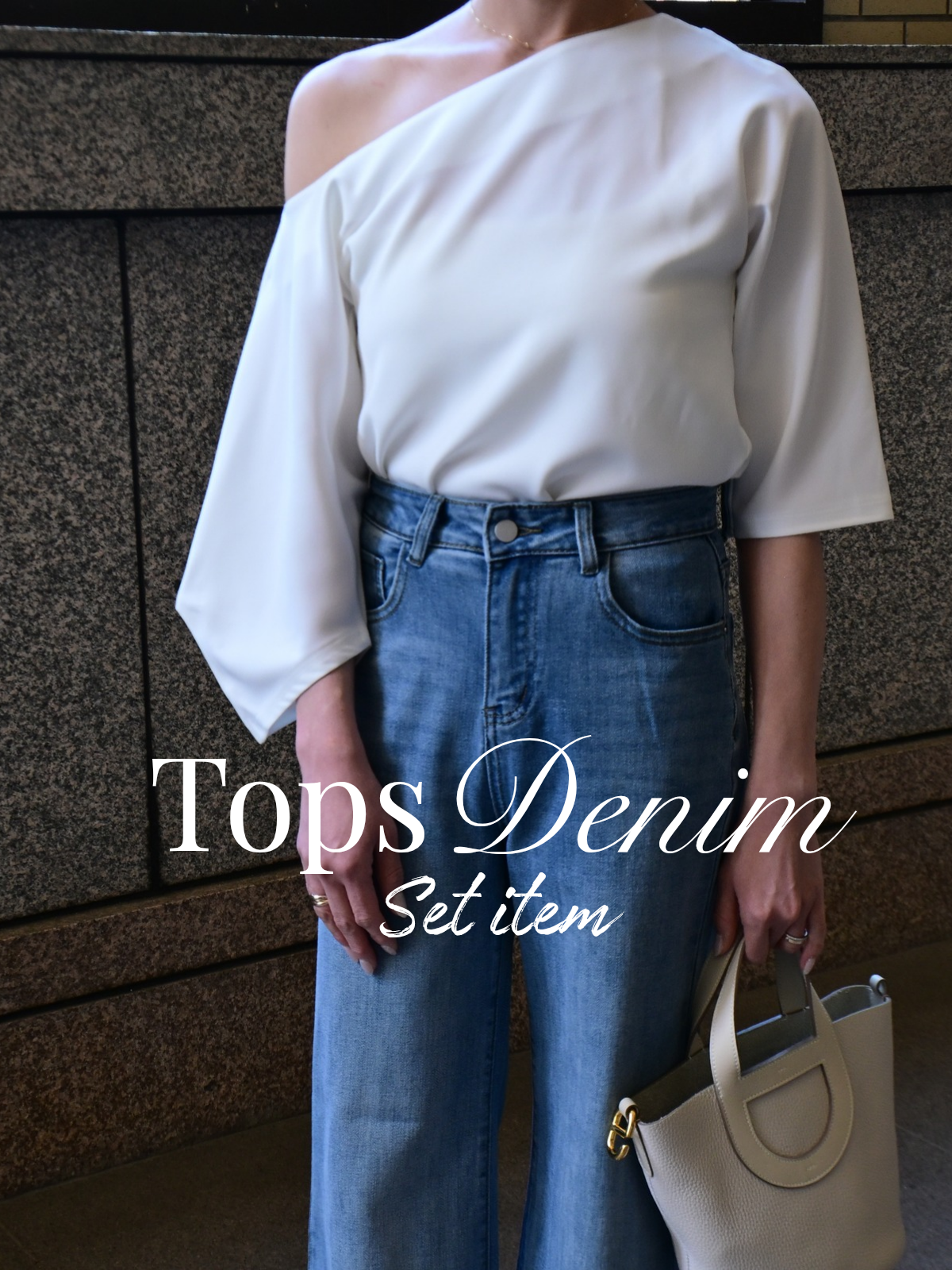 One shoulder Blouse+Denim Set