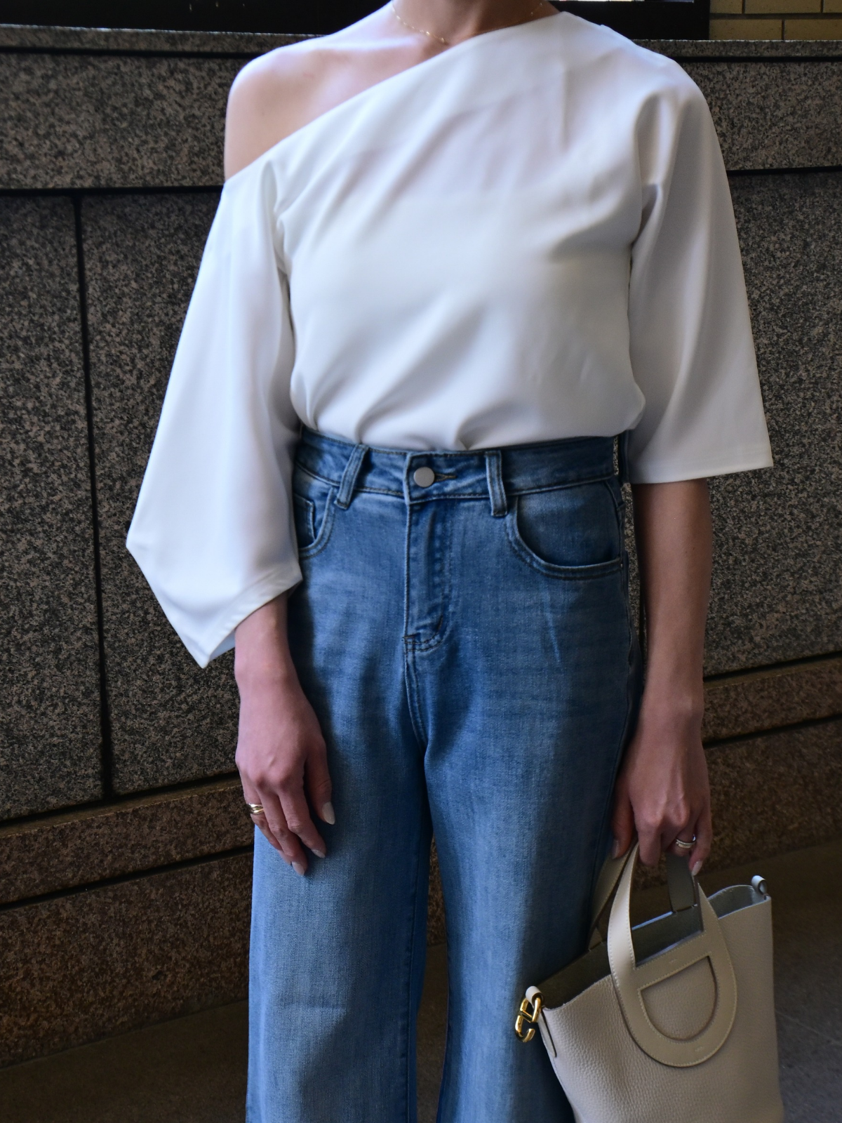 One shoulder Blouse+Denim Set