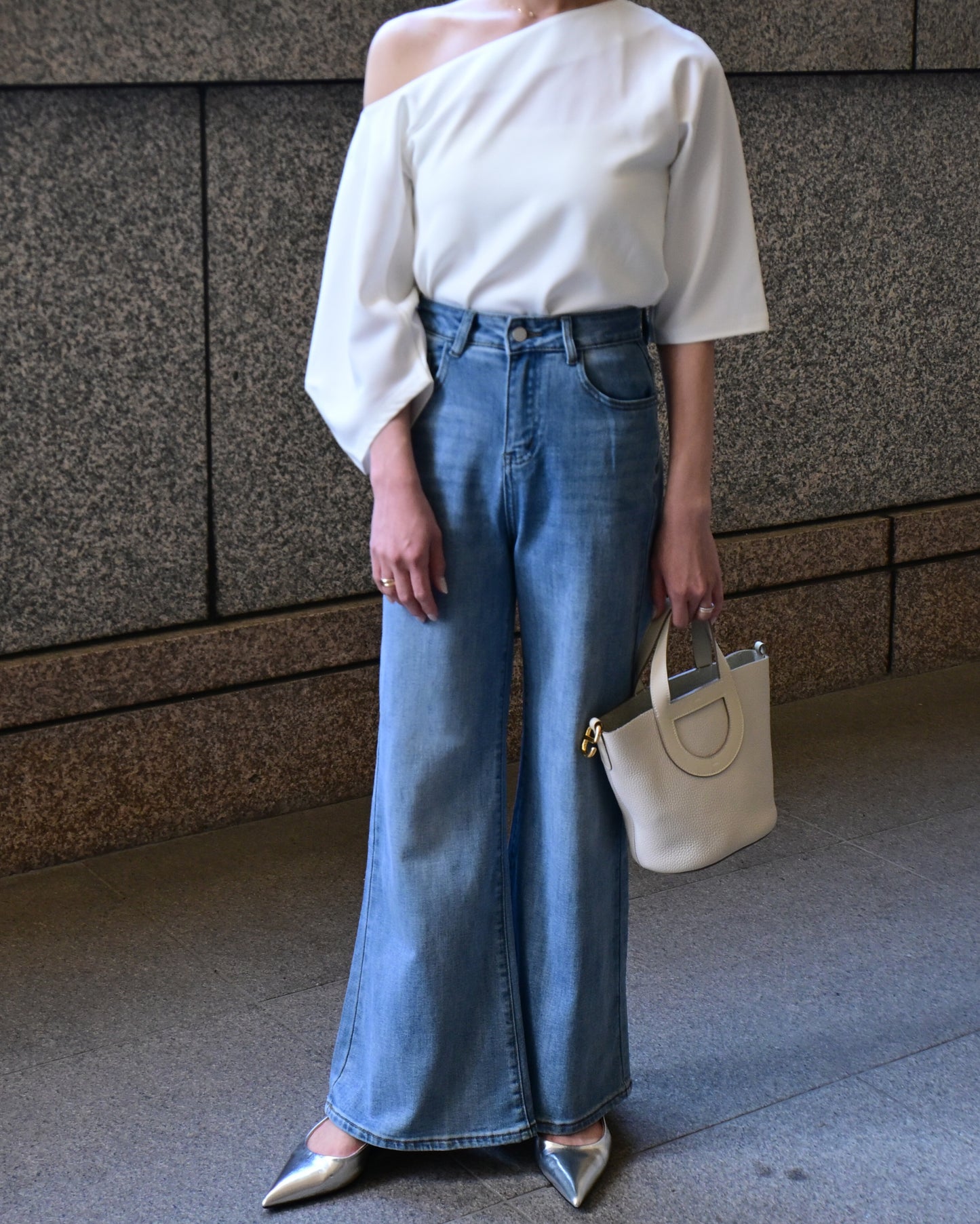 One shoulder Blouse+Denim Set